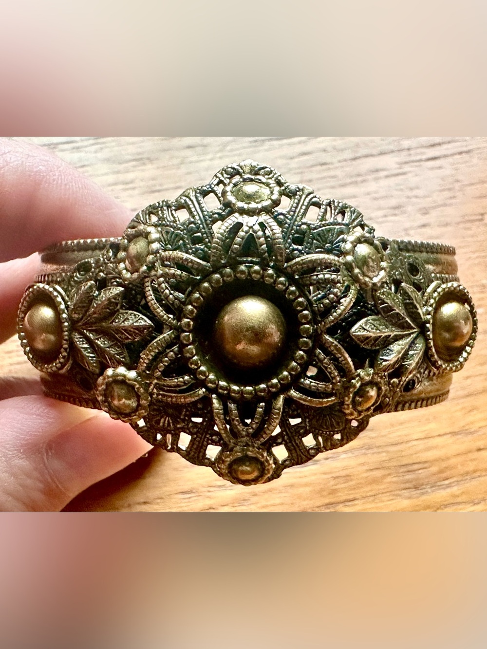 Etruscan Revival Style Mesh Cuff Bracelet Antique Brass Filigree Floral